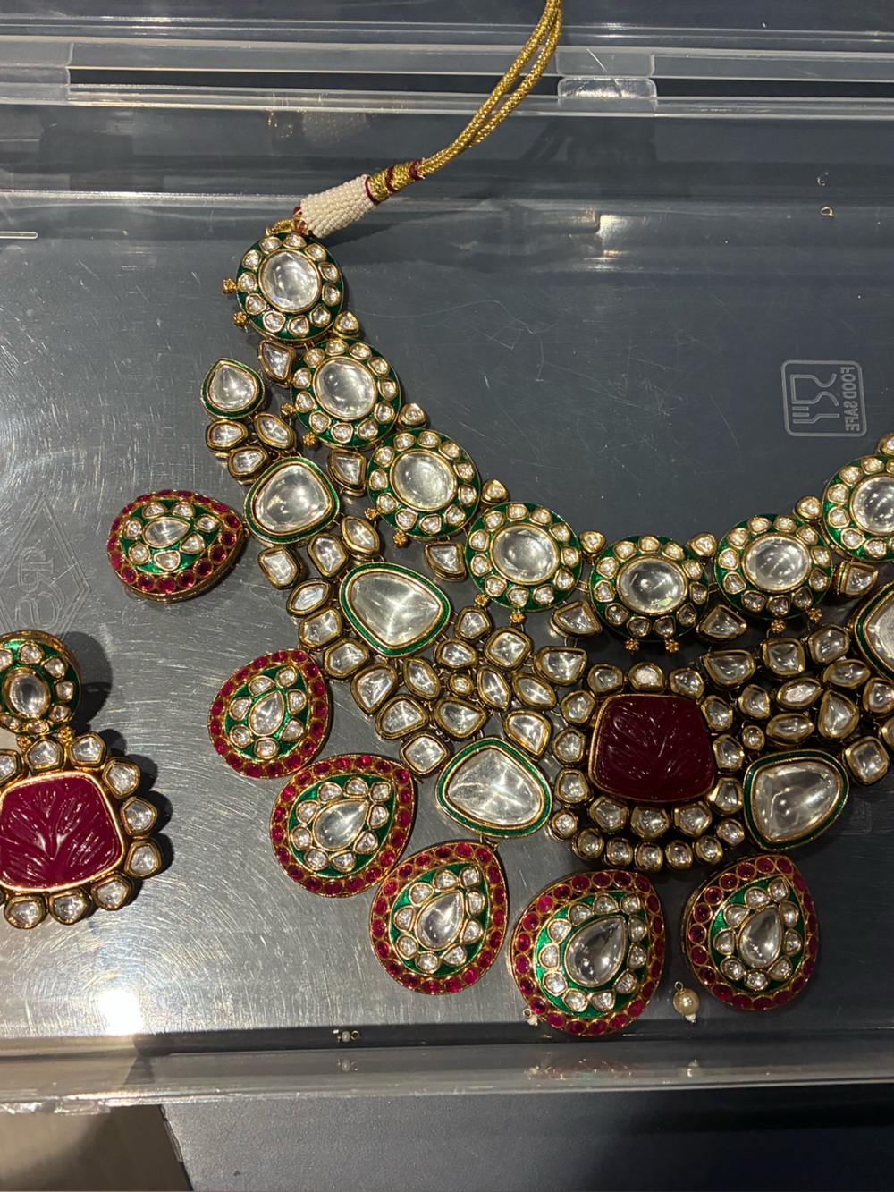 Women’s polki Necklace Set with Pink and Green Accents
